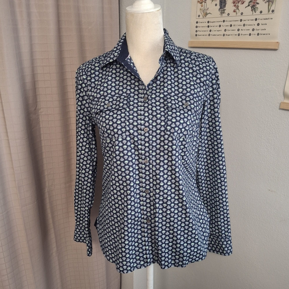 Talbots Long Sleeve Button Down Shirt Blue With Print Size 8